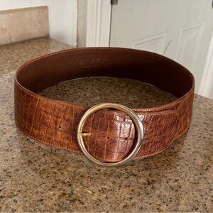 Vintage KEMESTRY Wide Croc Embossed Leather Belt Gold Circle Buckle USA M 33"
